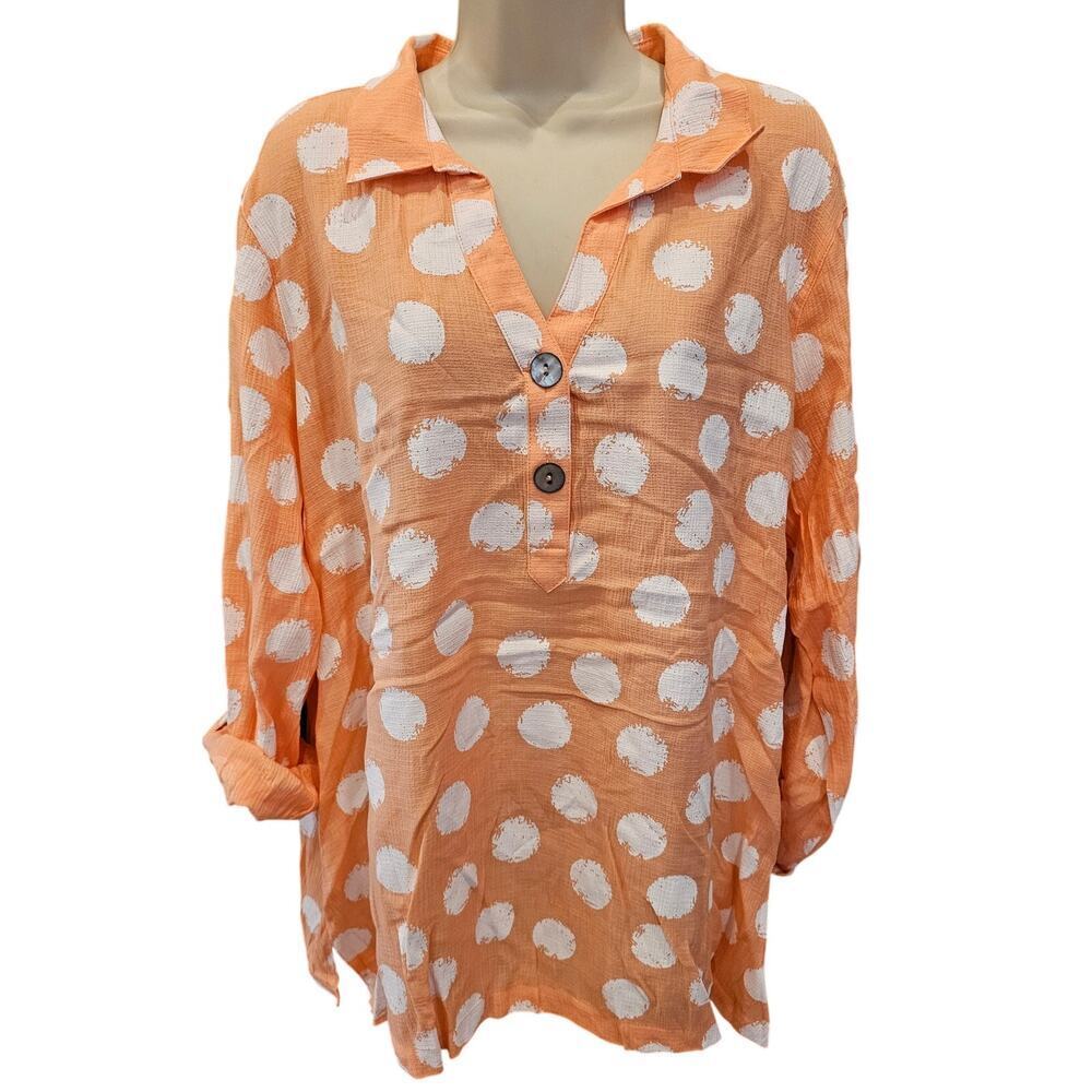 NWT Ali Miles sz 1X orange polkadot print roll tab sleeve tunic top career NEW